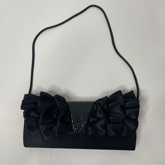 Jessica McClintock Black Satin Evening Purse/Clutch with Ruffled Bow - Picture 1 of 8